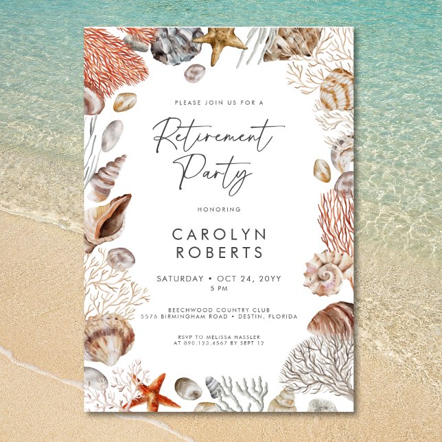 Invitación Fiesta de Jubilación de Conchas de Playa Costera (Coastal Beach Seashell Retirement Party)