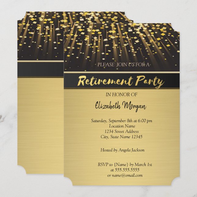 Invitación Fiesta de Jubilación de Confeti Dorado Elegante (Anverso / Reverso)