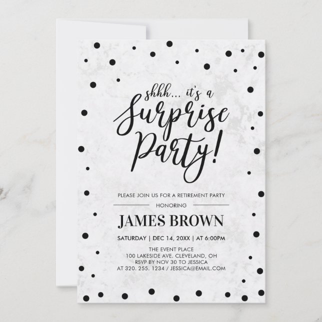 Invitación Fiesta de Jubilación de Confetti Negro y Sorpresa  (Anverso)