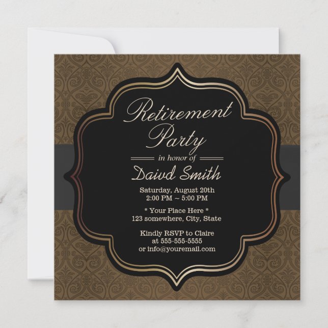 Invitación Fiesta de Jubilación de Damasco Marrón de Cinta Ne (Anverso)