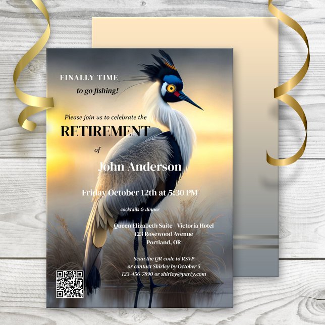 Invitación Fiesta de Jubilación de Egret Art de Pescado Inoce (Retirement party invitation featuring a painting of an egret. Gone fishing or a new adventure)