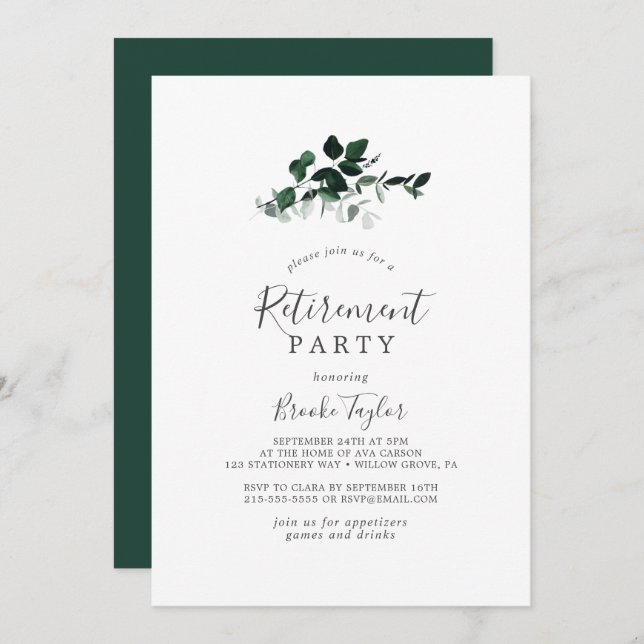 Invitación Fiesta de Jubilación de Emerald Greenery (Anverso / Reverso)