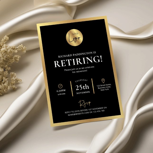 Invitación Fiesta de Jubilación de Empleados Formales con Log (Modern black and gold effect retirement party invitations with space for your logo)