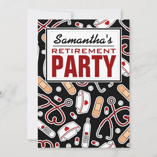 Invitación Fiesta de jubilación de enfermera negro (Anverso)