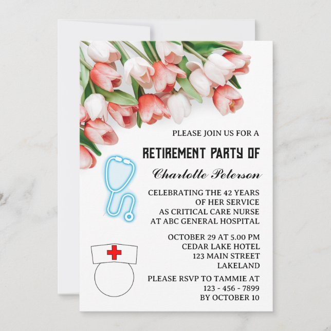 Invitación Fiesta de Jubilación de Enfermeras de Tulipán Rosa (Anverso)