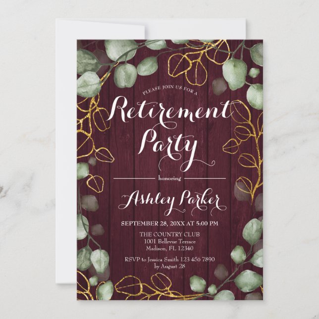 Invitación Fiesta de Jubilación de Eucalyptus Wreath Burgundy (Anverso)