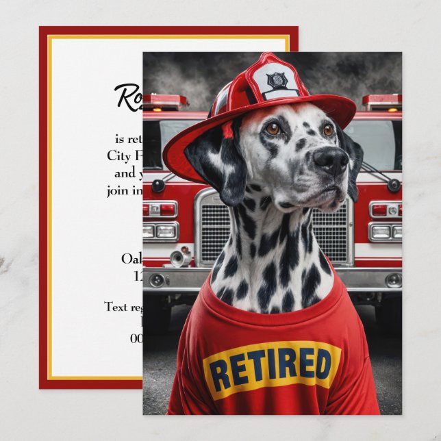 Invitación Fiesta De Jubilación De Fireman Con Perro De Dalma (Anverso / Reverso)