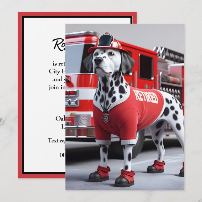 Invitación Fiesta De Jubilación De Fireman Con Perro De Dalma (Anverso / Reverso)