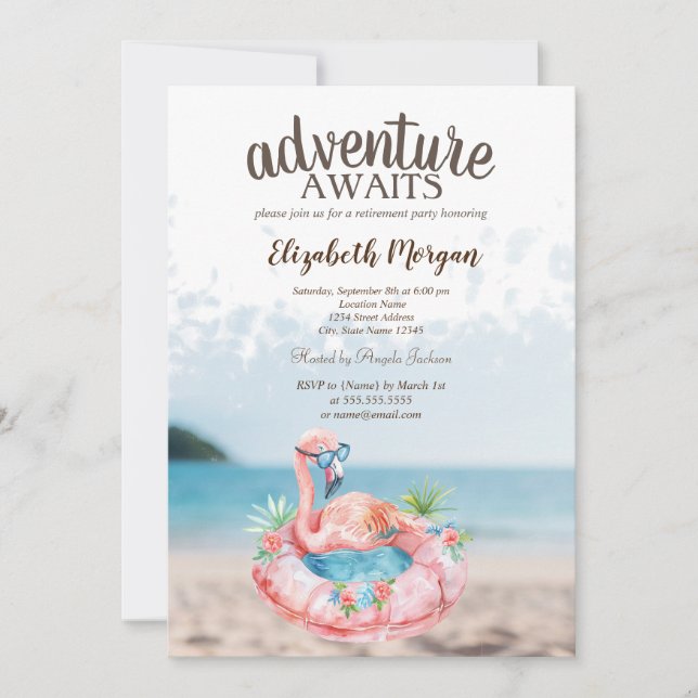 Invitación Fiesta de Jubilación de Flamingos Rosados de Playa (Anverso)