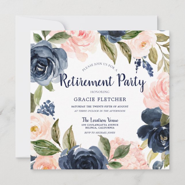 Invitación Fiesta de Jubilación de Flores de Acuarela Rubor d (Anverso)