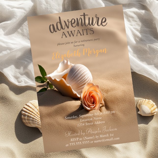 Invitación Fiesta de Jubilación de Flores de Playa, Arena, Ag (Subido por el creador)