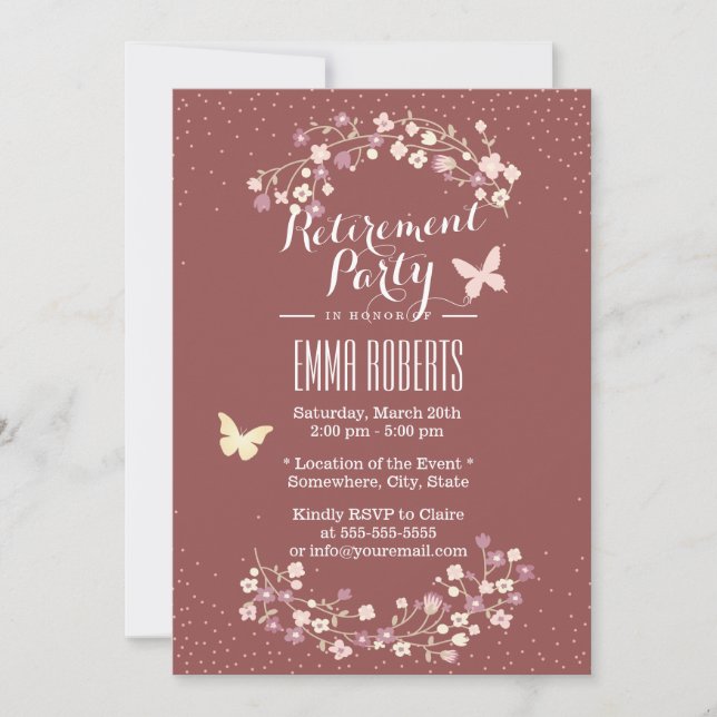 Invitación Fiesta de Jubilación de Flores y Mariposa Roja de  (Anverso)