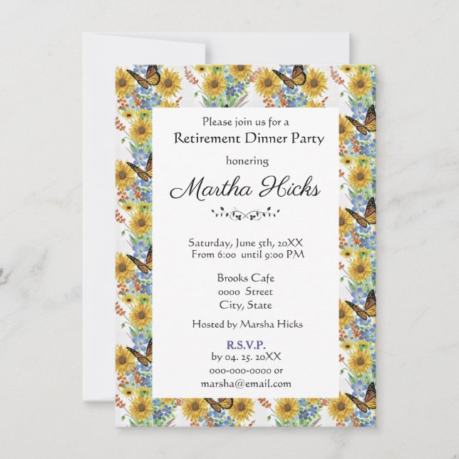 Invitación Fiesta de Jubilación de Flores y Mariposas (Anverso)