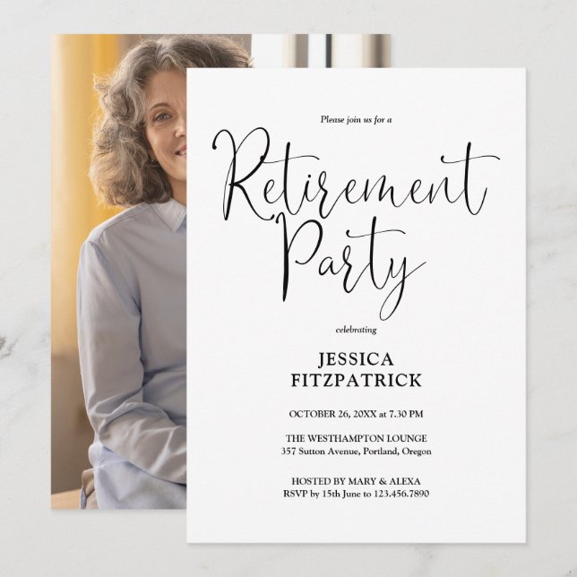 Invitación Fiesta de Jubilación de Foto con Guión en Blanco y (Anverso / Reverso)