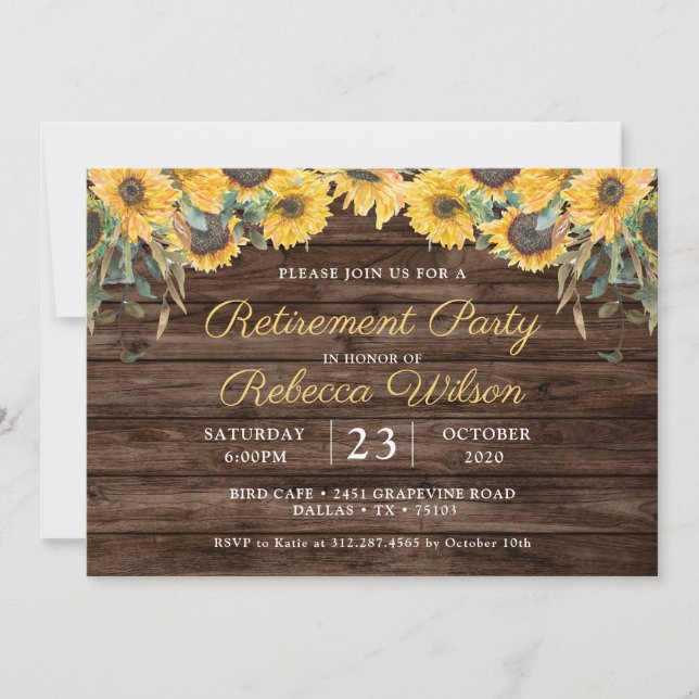 Invitación Fiesta de Jubilación de Girasol de Madera Rusa (Anverso)