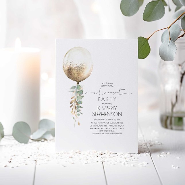 Invitación Fiesta de Jubilación de Globos Purpurina de Verdor (Gold Balloon and Greenery Minimalist Retirement Party Invitations)