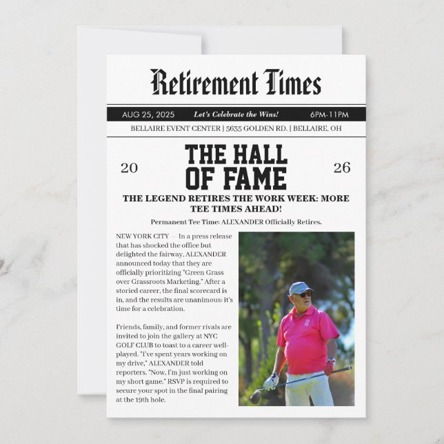 Invitación Fiesta de Jubilación de Golf en el Periódico (Anverso)