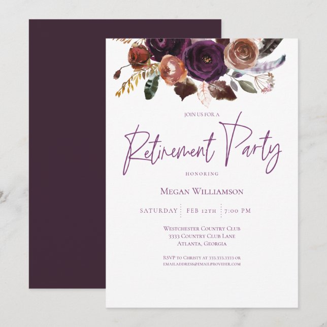 Invitación Fiesta de Jubilación de Invierno Morado, Rosa y Or (Anverso / Reverso)