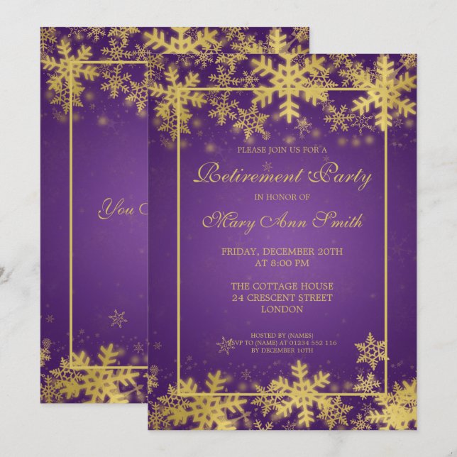 Invitación Fiesta de Jubilación de Invierno Oro Morado Copos  (Anverso / Reverso)