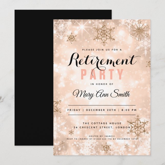 Invitación Fiesta de Jubilación de Invierno Rosas de oro (Anverso / Reverso)