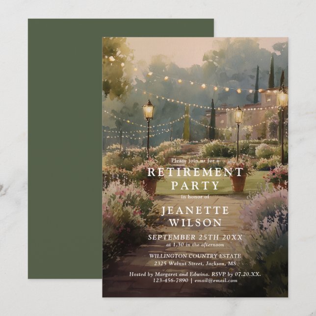 Invitación Fiesta de jubilación de jardín rústico boho campes (Anverso / Reverso)