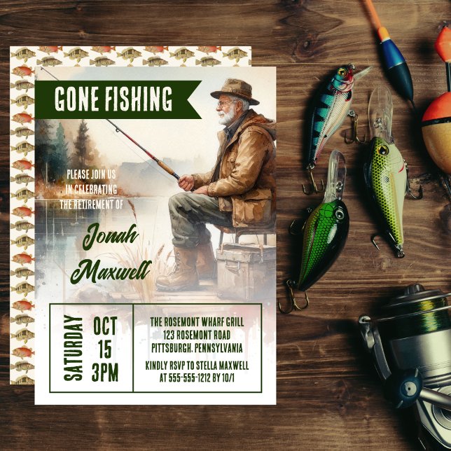 Invitación Fiesta de Jubilación de la Escena Pescadora de Pes ("Gone Fishing" Fisherman Scene Retirement Party Invitation)