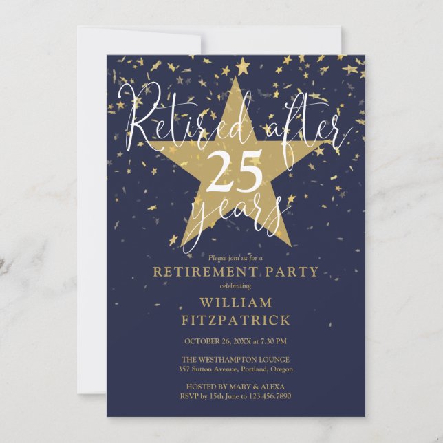 Invitación Fiesta De Jubilación De Las Estrellas Azul Y Oro D (Anverso)