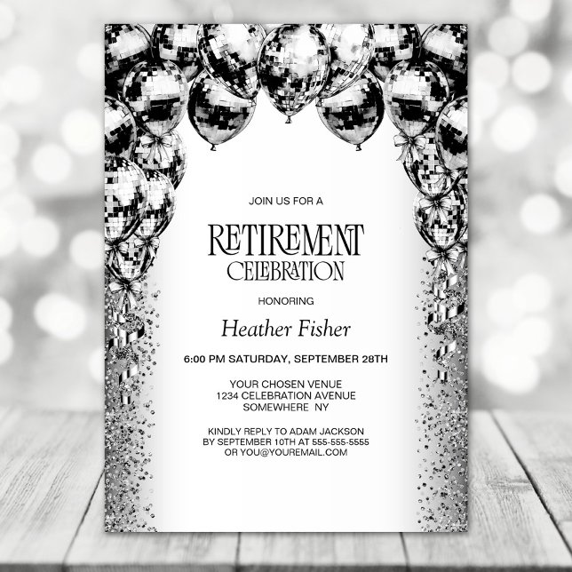 Invitación Fiesta de Jubilación de los Globos Blancos Negros (Subido por el creador)