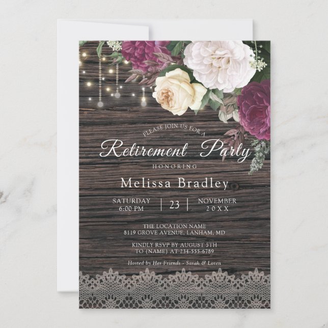 Invitación Fiesta de Jubilación de Madera Rusa Floral (Anverso)