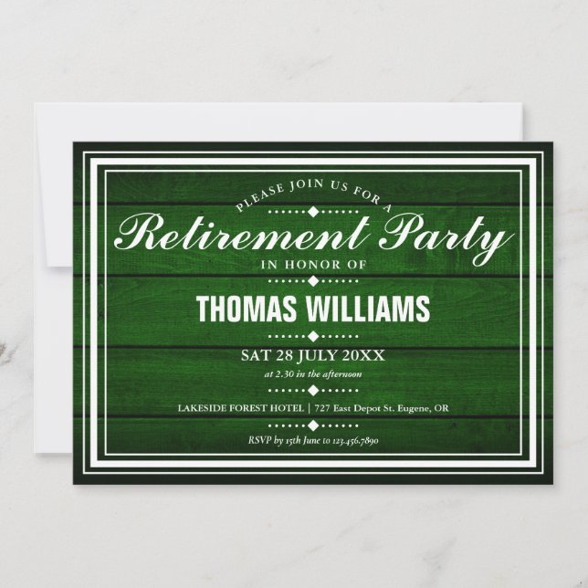 Invitación Fiesta de Jubilación de Madera Rústica Verde (Anverso)