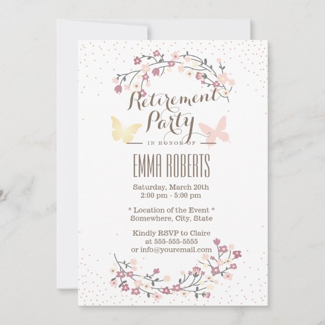 Invitación Fiesta de Jubilación de Mariposa y Flores de Prima (Anverso)