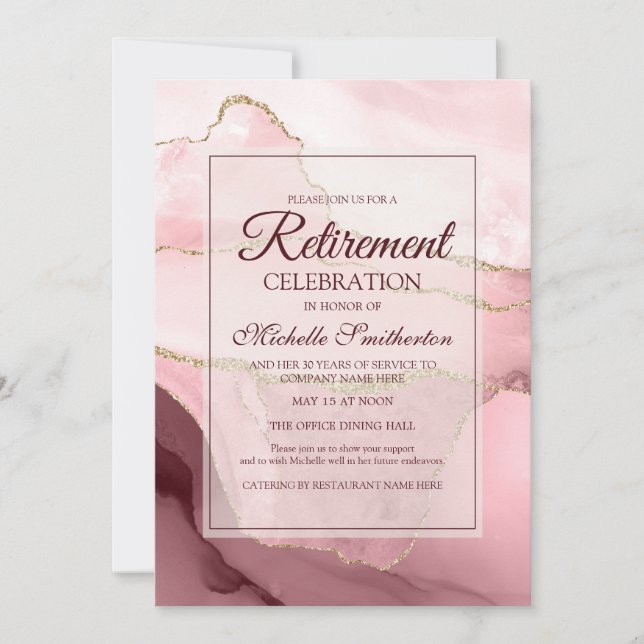 Invitación Fiesta de Jubilación de Mármol de Oro Rosa (Anverso)