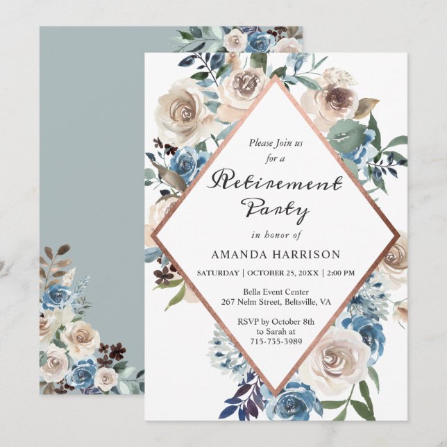 Invitación Fiesta De Jubilación De Oro Del Rosa Floral Azul D (Anverso / Reverso)