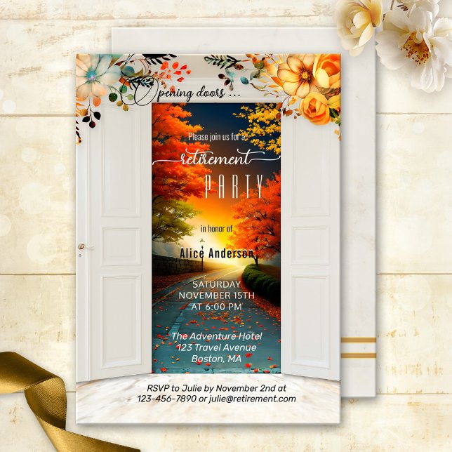 Invitación Fiesta de Jubilación de Otoño de Puertas de Apertu (Retirement party invitation featuring an image of opening doors showing a road to a colorful future)