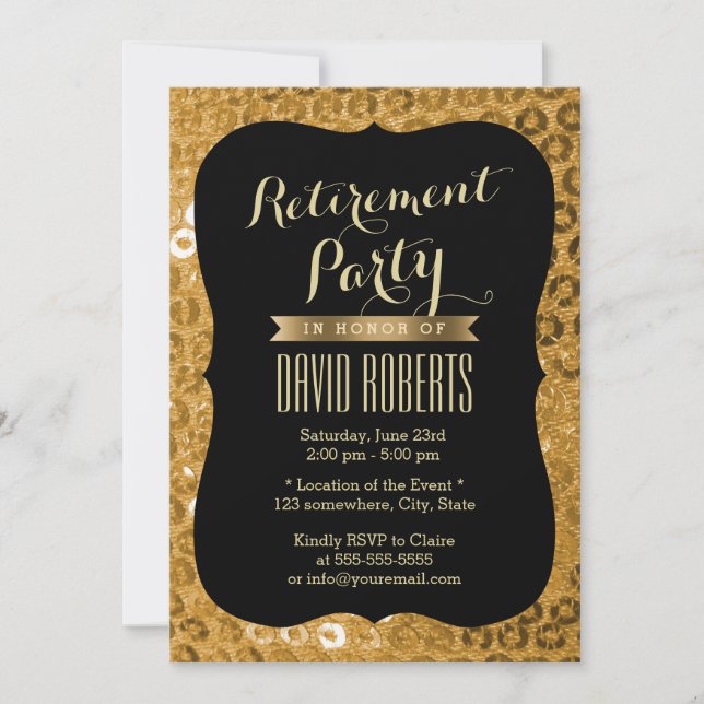Invitación Fiesta de Jubilación de Paillettes de Oro y Negro  (Anverso)