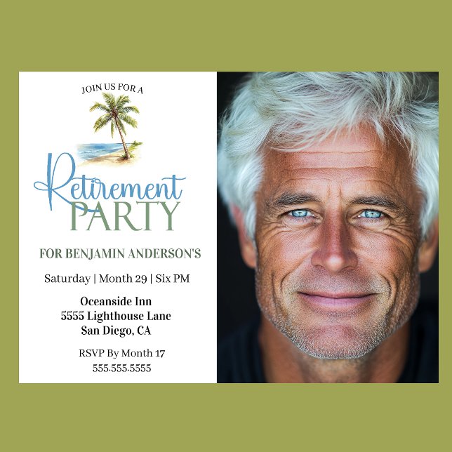 Invitación Fiesta de Jubilación de Palma de Playa (Tropical beach Retirement  Party invitation with watercolor palm tree )
