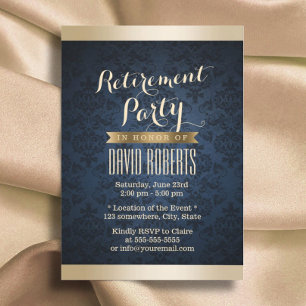 Invitación Fiesta de Jubilación de Patrón de Damasco Azul de