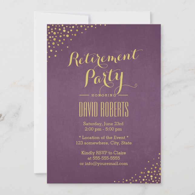Invitación Fiesta de Jubilación de Puntos Morados y Oro Moder (Anverso)