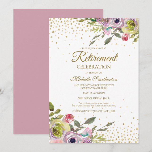 Invitación Fiesta de Jubilación de Purpurina dorado floral am (Anverso / Reverso)