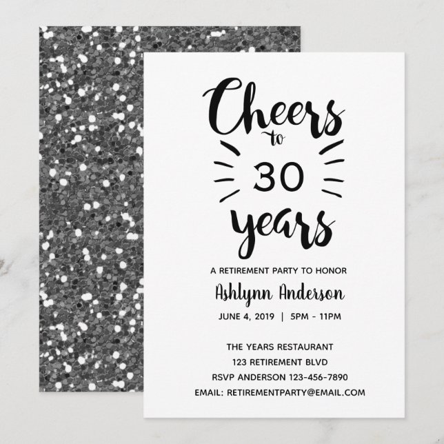 Invitación Fiesta de jubilación de Purpurina plateado (Anverso / Reverso)