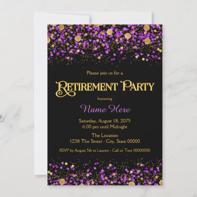 Invitación Fiesta de Jubilación de Purpurina Púrpura y Oro (Anverso)