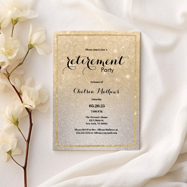 Invitación Fiesta de Jubilación de Purpurina Sparkke Gold Sil (Sparkle Gold Silver Ombre Glitter Retirement Party)
