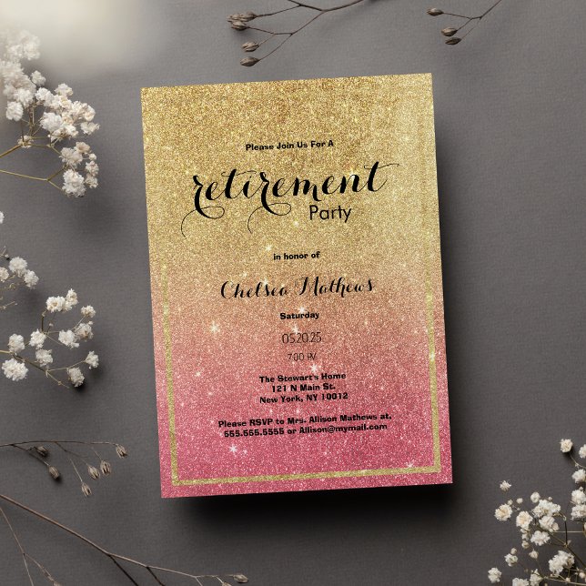 Invitación Fiesta de Jubilación de Purpurina Sparkle Gold Pin (Sparkle Gold Pink Ombre Glitter Retirement Party)