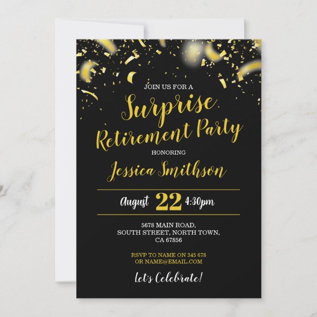 Invitación Fiesta de Jubilación de Sorpresa Confetti Oro Negr (Anverso)