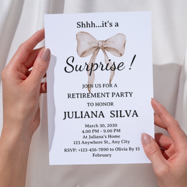 Invitación Fiesta de Jubilación de Sorpresa de Bow Beige de c (Subido por el creador)
