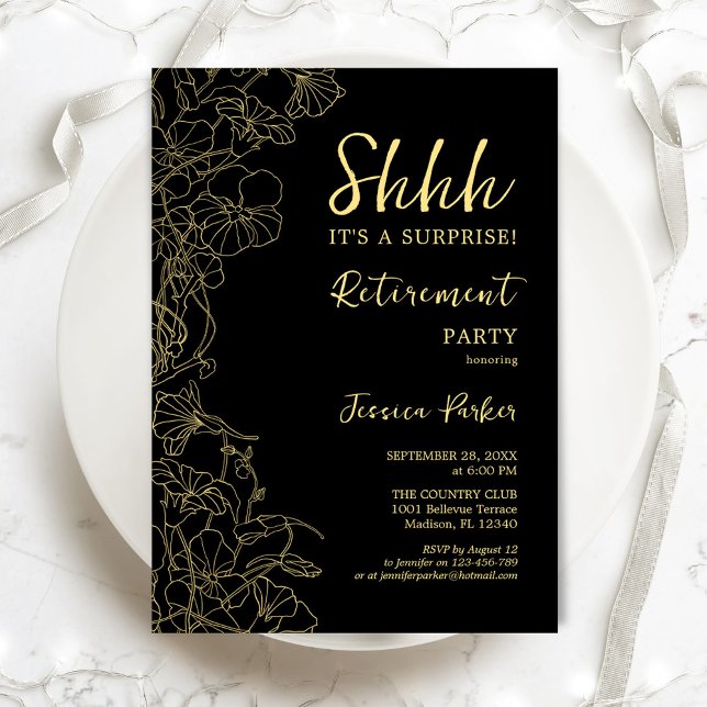Invitación Fiesta de Jubilación de Sorpresa Floral de Oro Neg (Subido por el creador)