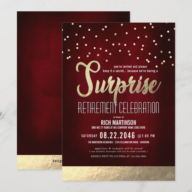 Invitación Fiesta de Jubilación de Sorpresa Rojo/Oro de moda (Anverso / Reverso)