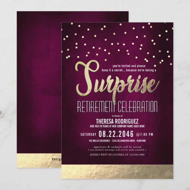 Invitación Fiesta de Jubilación de Sorpresa Rosa/Oro de moda (Anverso / Reverso)