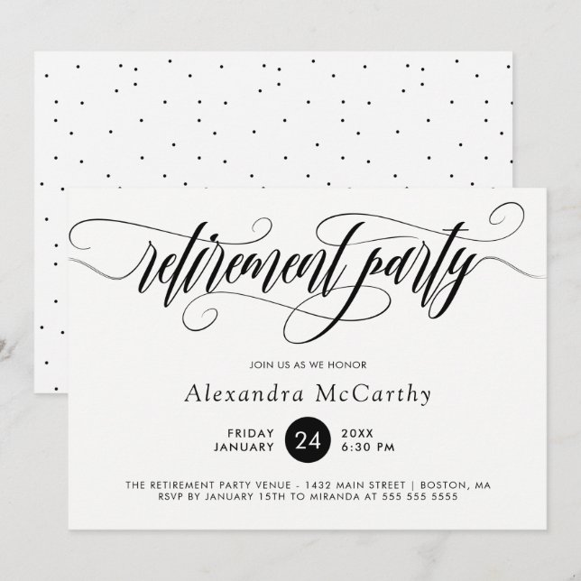 Invitación Fiesta de jubilación de Swirls Black Calligraphy S (Anverso / Reverso)