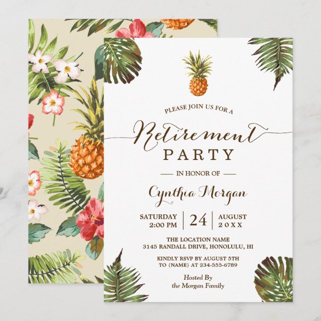 Invitación Fiesta de Jubilación de Verano de Piña de Hojas Tr (Anverso / Reverso)